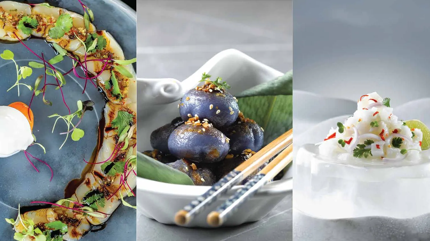 Triptych of Bo-Tai plates: scallop carpaccio with micro-greens, purple dumplings with chopsticks, and sea bass ceviche on ice