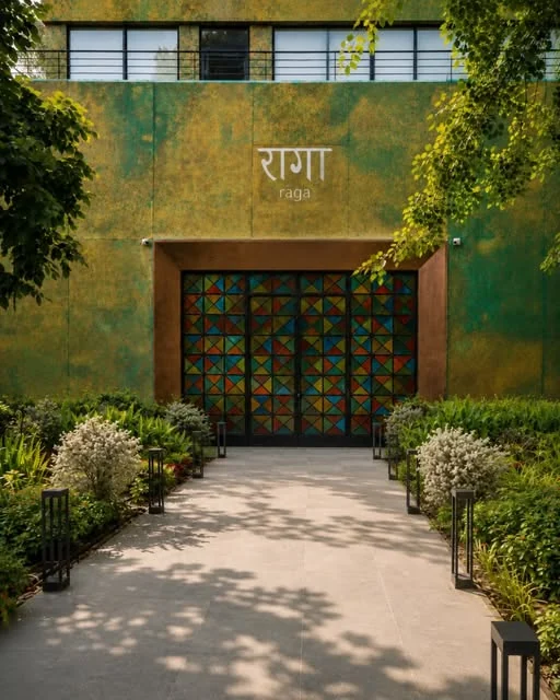 Raga by Gaggan’s patina-clad entrance by day, with a geometric stained-glass door and a garden path