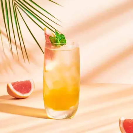 Golden highball with a grapefruit wedge and mint in sunlight, beside a halved grapefruit and palm frond